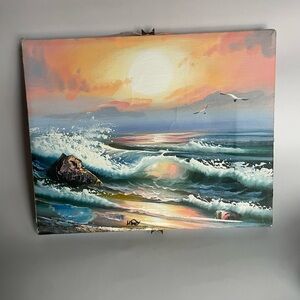 Handpainted Orginal Art Sunset Ocean Wave on Canvas 10.5” x 8.25”